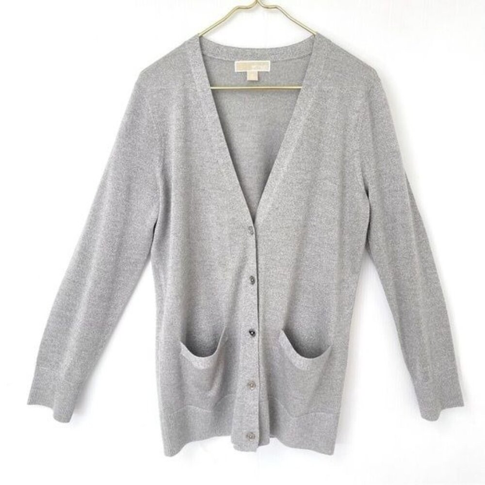 Michael Kors wool sparkle silver  Cardigan with pockets & front silver buttons M